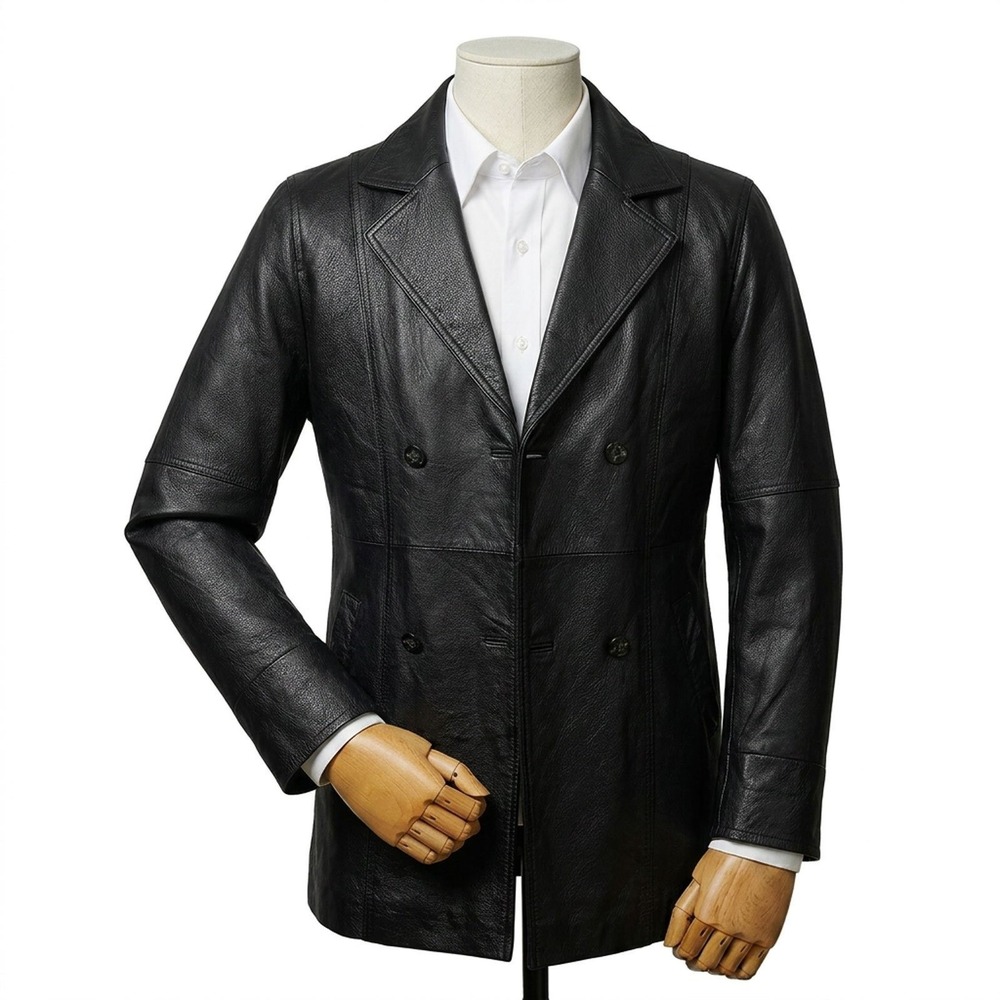 Vintage Lee Outerwear Genuine Leather Double Breasted Jacket Black Belted Mens S